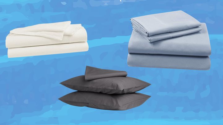 From left to right: linen sheets from Brooklinen, percale sheets from Parachute and polyester-blend sheets from Amazon.
