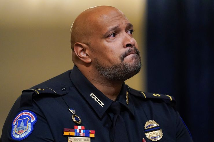 Capitol Police Sgt. Harry Dunn testifies during a House select committee hearing last summer on the Jan. 6, 2021, riot at the U.S. Capitol in Washington. Dunn said he doesn't mind speaking out about what happened when the Capitol was attacked.