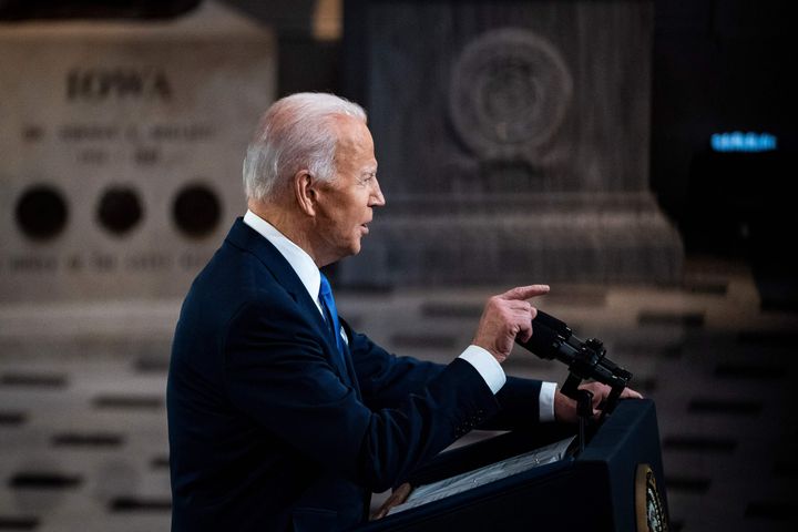 US President Joe Biden speaks at the US Capitol on January 6, 2022, to mark the anniversary of the attack on the Capitol in Washington, DC. - Biden accused his predecessor Donald Trump of attempting to block the democratic transfer of power on January 6, 2021. "For the first time in our history, a president not just lost an election; he tried to prevent the peaceful transfer of power as a violent mob breached the Capitol," Biden said. (Photo by Jabin Botsford / POOL / AFP) (Photo by JABIN BOTSFORD/POOL/AFP via Getty Images)
