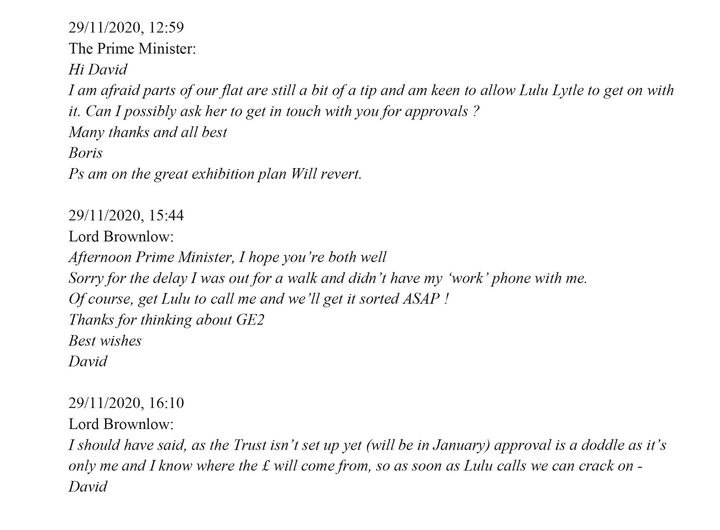 The WhatsApp messages between the prime minister and and Lord Brownlow which have been published in a letter from the Prime Minister's standards adviser, Lord Geidt, to Boris Johnson.