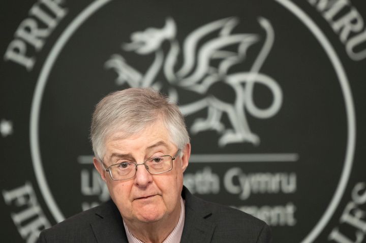 First minister of Wales Mark Drakeford speaks during a press conference at the Welsh Government Building in Cathays Park in Cardiff.