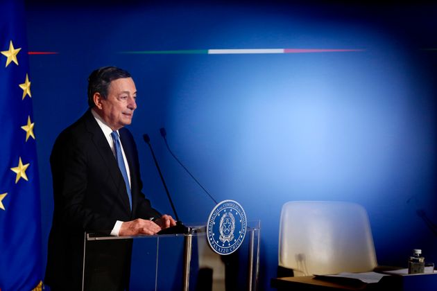 The Italian Premier Mario Draghi attends the end of year press conference at the Auditorium Antonianum...