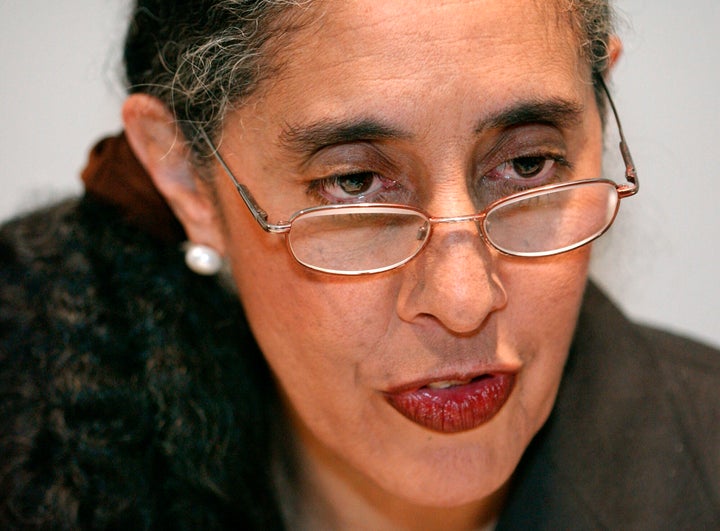 FILE - Harvard law professor Lani Guinier speaks to reporters before her remarks at the Martin Luther King Jr. Memorial Breakfast in Boston, on Jan. 17, 2005.