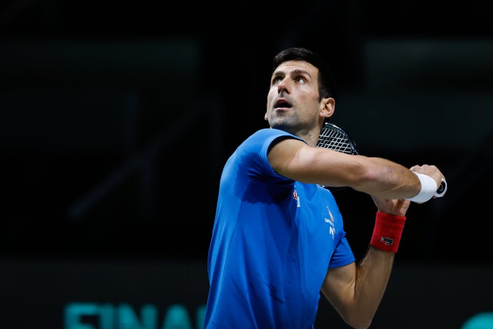 MADRID, SPAIN - DECEMBER 01: Novak Djokovic of Serbia practices during the Davis Cup Finals 2021, Quarter Final, tennis match played between Serbia and Kazakhstan at Madrid Arena pabilion on December 01, 2021, in Madrid, Spain. (Photo By Oscar J. Barroso/Europa Press via Getty Images)