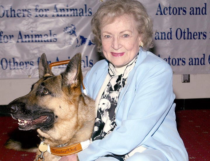 Betty White se sienta con un perro guía llamado Edison en la sala verde del "Actores y Otros para Animales" asado de Betty White en 2005.