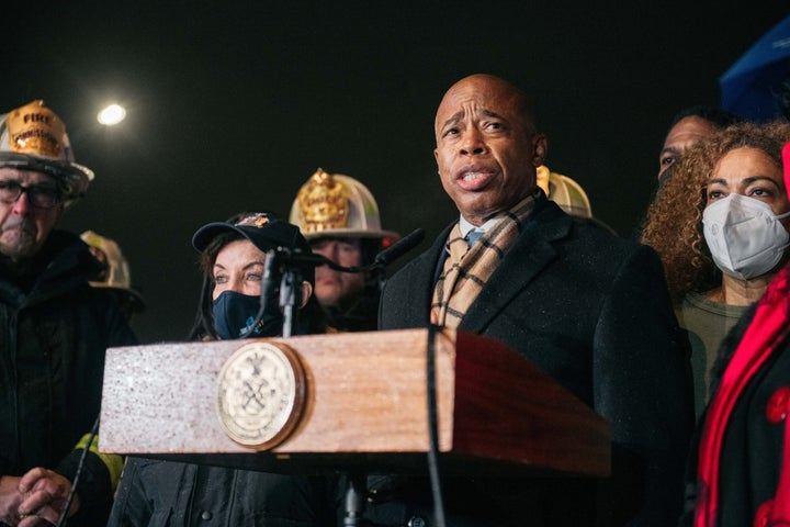 New York City Mayor Eric Adams addresses the media after a deadly fire at a 19-story building in the Bronx.