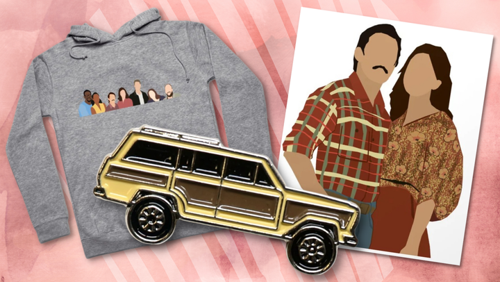 Products shown: "This Is Us" cast hoodie, Jeep Wagoneer pin, Jack and Rebecca art print