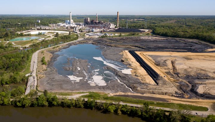 Coal ash ponds are seen in 2018 along the James River near Dominion Energy's Chesterfield Power Station in Chester, Virginia.