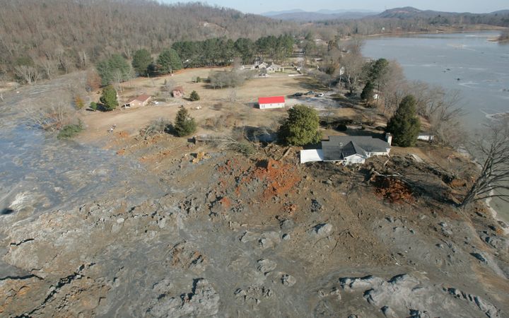 An aerial view shows homes in 2008 that were destroyed when a retention pond wall collapsed at the Tennessee Valley Authorities' Kingston Fossil Plant in Harriman, Tenn.