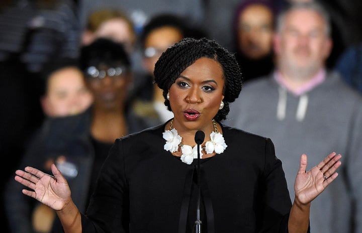 Rep. Ayanna Pressley speaks at an election night party in Boston on Nov. 6, 2018.