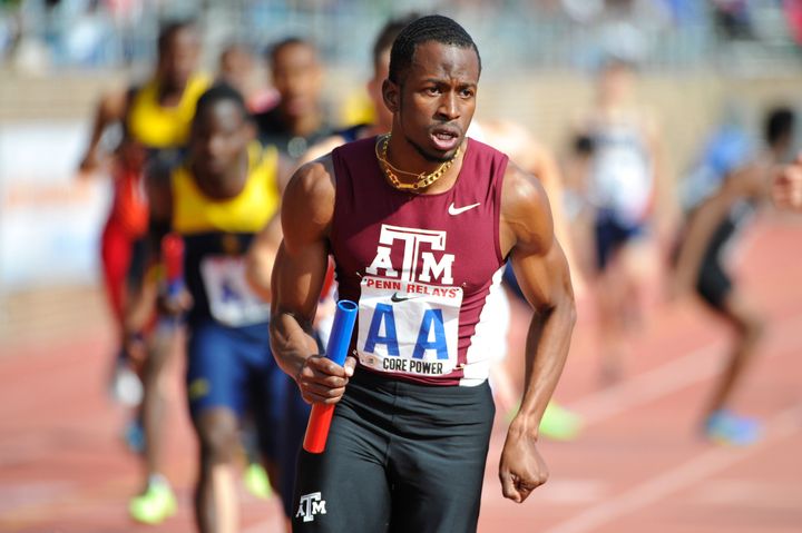 Deon Lendore races for Texas A&M in 2014, when he won individual indoor and outdoor NCAA 400-meter titles. 
