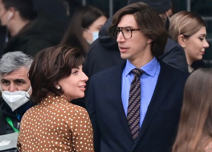 Lady Gaga and Adam Driver are pictured on March 11, 2021, on Piazza Duomo in central Milan on the set of "House of Gucci."