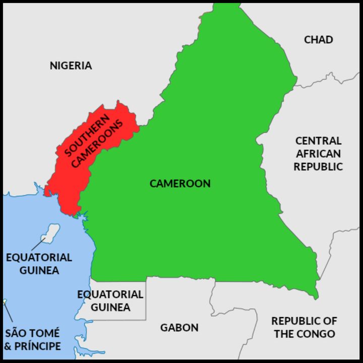 Χάρτης με το Καμερούν (πράσινο χρώμα) και το αυτοδιακηρυγμένο κράτος της Αμβαζονίας (με κόκκινο χρώμα)