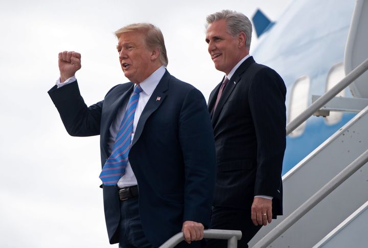President Donald Trump and House Republican Leader Kevin McCarthy (Calif.) disembark from Air Force One in Los Angeles, April 5, 2019.