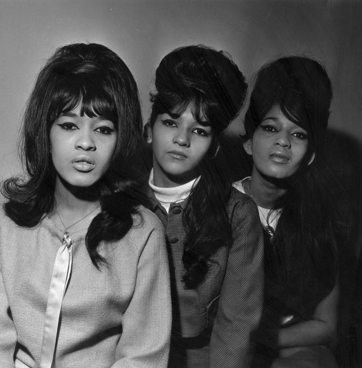 The Ronettes (left to right) singers Veronica 'Ronnie' Bennett, Nedra Talley and Estelle Bennett, an American pop trio produced by Phil Spector.