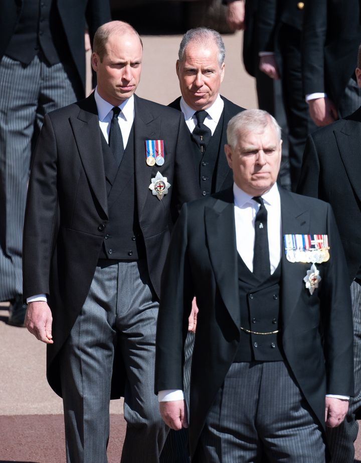 Prince Andrew (right), Prince William (left) and Earl of Snowdon David Armstrong-Jones (center) during the funeral of Prince Philip on April 17, 2021 in Windsor.