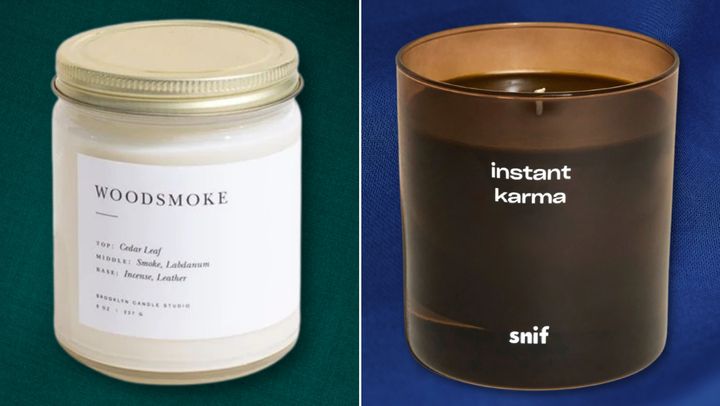 Brooklyn Candle Studio's Woodsmoke candle, left, and the Snif Instant Karma candle.