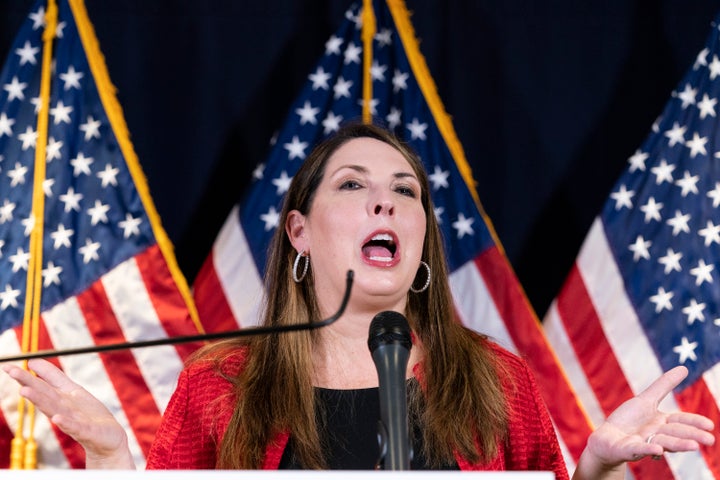 Republican National Committee Chair Ronna McDaniel speaks during a news conference at the Republican National Committee in November 2020. This week, she sent a letter to Commission on Presidential Debates leadership that escalated a feud between the two groups.