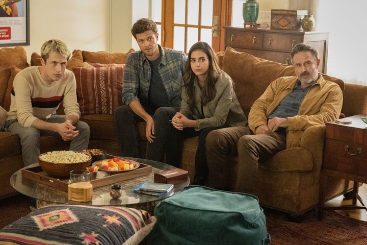 From left to right, Dylan Minnette (Wes), Jack Quaid (Richie), Melissa Barrera (Sam) and David Arquette (Dewey Riley) in the new "Scream."