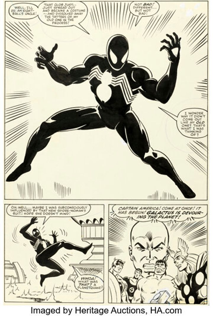 Mike Zeck’s artwork for page 25 from Marvel Comics’ “Secret Wars No. 8” brings the first appearance of Spidey’s black suit.