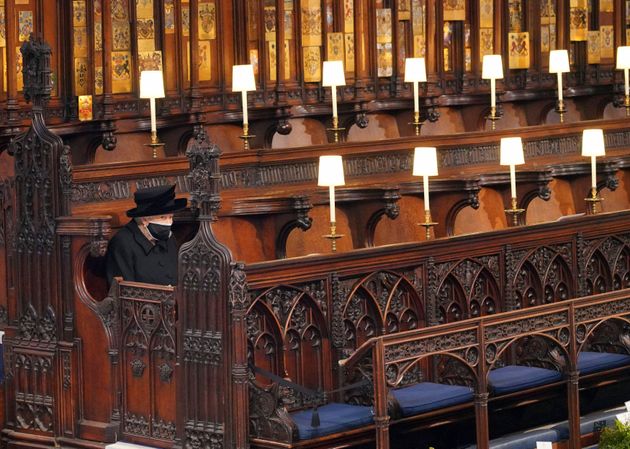 The Queen sitting alone in St. George's Chapel during the funeral of Prince Philip, onSaturday April 17, 2021.