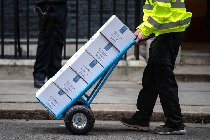 Bottles of champagne-style sparkling wine delivered to Downing Street in January 2020.