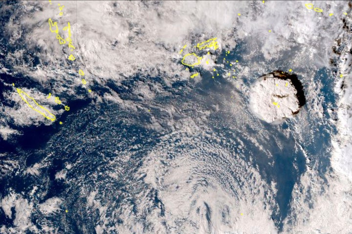 This satellite image taken by Himawari-8, a Japanese weather satellite, and released by the agency, shows an undersea volcano eruption near the Pacific nation of Tonga on Saturday.