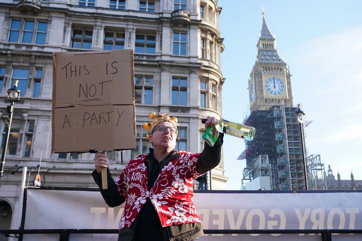 A protestor in Parliament Square in Westminster, London.