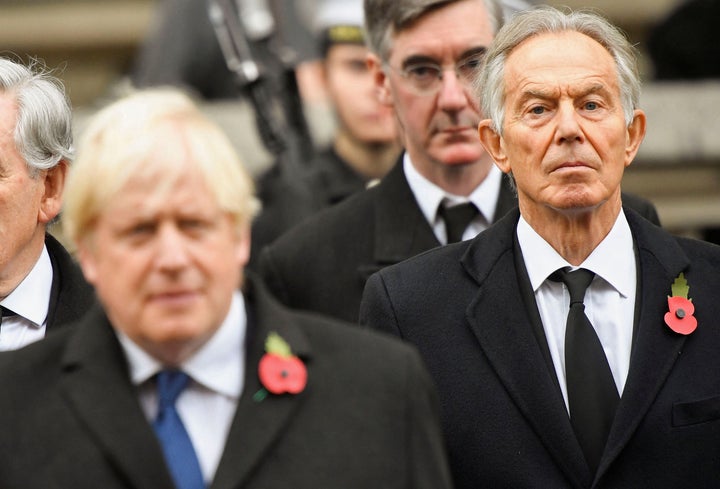 Boris Johnson and Tony Blair at the Cenotaph in Whitehall, on November 14, 2021.