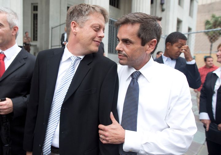 Don Johnston and Jorge Diaz outside a Miami courthouse in 2014 during their fight to legalize gay marriage. Jorge Diaz-Johnston's body was found at a north Florida landfill on Jan. 8.