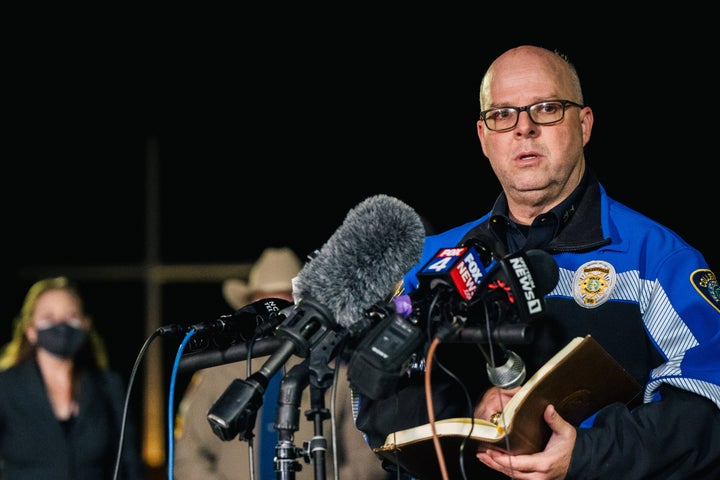 COLLEYVILLE, TEXAS - JANUARY 15: Chief of Colleyville Police Michael Miller speaks at a news conference near the Congregation Beth Israel synagogue on January 15, 2022 in Colleyville, Texas. All four people who were held hostage at the Congregation Beth Israel synagogue have been safely released after more than 10 hours of being held captive by a gunman. Earlier this morning, police responded to a hostage situation after reports of a man with a gun was holding people captive. (Photo by Brandon Bell/Getty Images)