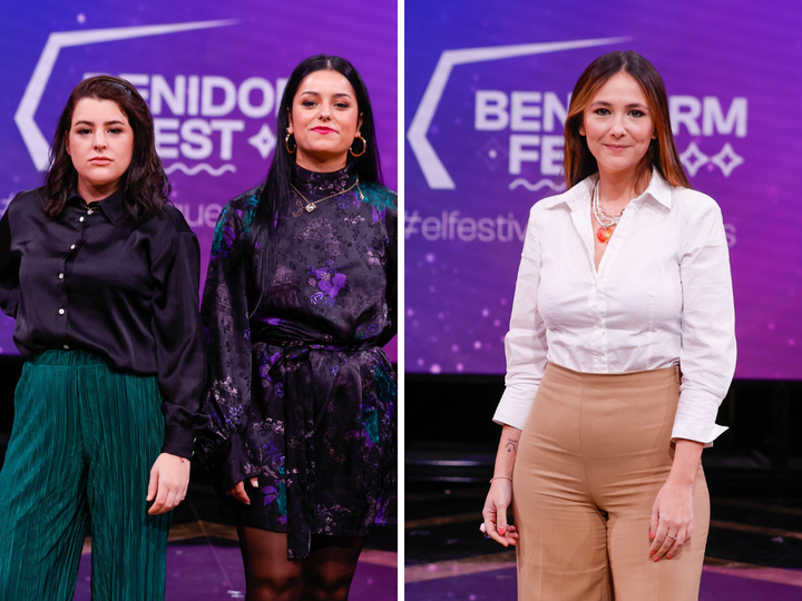 Dos de las componentes de Tanxugueiras y Rigoberta Bandini en una presentación del Benidorm Fest.