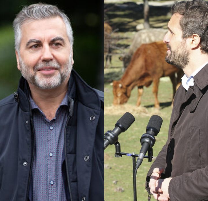 El periodista Carlos Alsina, a la izquierda; y el presidente del PP, Pablo Casado, ante una vaca, a la derecha.