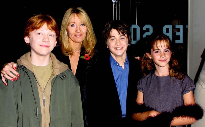 Rupert and J.K. Rowling with Harry Potter stars Daniel Radcliffe and Emma Watson in 2001