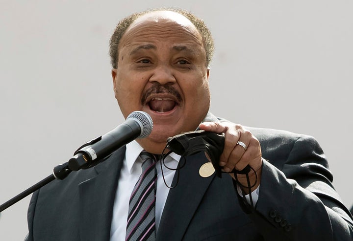 Martin Luther King III, with the Deliver For Voting Rights organization, wraps up his speech at the Eastlake Park Amphitheater in Phoenix on Saturday, Jan. 15, 2022. As the nation prepares to mark the birthday of the Rev. Martin Luther King Jr., some members of his family are spending it in conservative-leaning Arizona to mobilize support for languishing federal voting rights legislation. (Zac BonDurant/The Arizona Republic via AP)