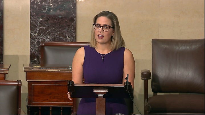 In this image from Senate Television, Sen. Kyrsten Sinema, D-Ariz., speaks on the floor of the U.S. Senate on Thursday, Jan. 13, 2022. (Senate Television via AP)