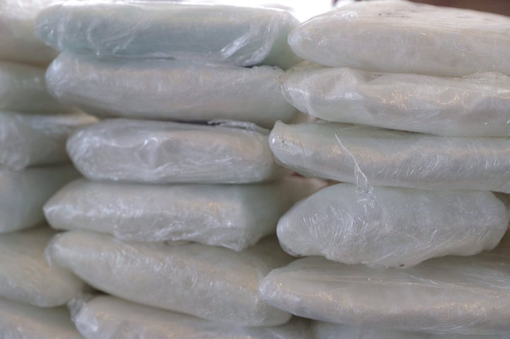 The powdered drug was found in packages that you’d see sold on the street with identifying logos, said police. Packets of fentanyl, mostly in powder form, are seen after an unrelated seizure by border patrol officers in Arizona.