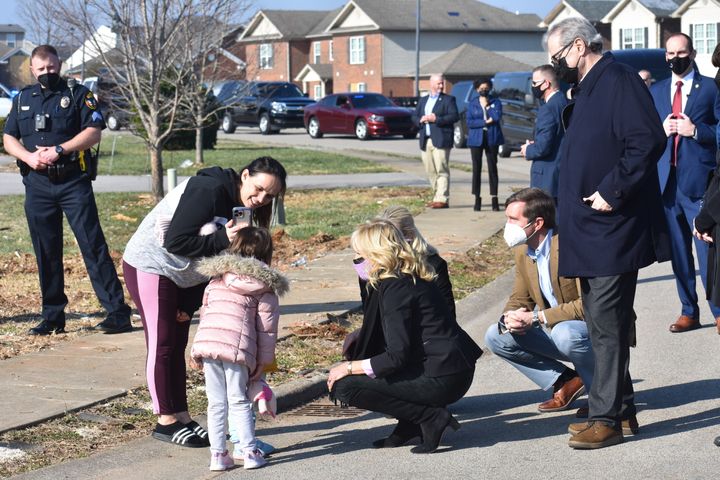 First lady Jill Biden meets with the community in the Creekwood neighborhood of Bowling Green, Kentucky on Jan. 14 while surveying recovery efforts following devastation from tornadoes.