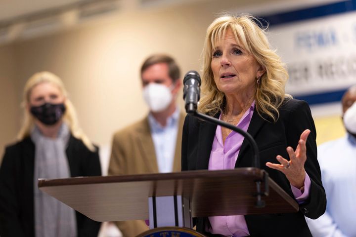 First lady Jill Biden delivers remarks at the FEMA State Disaster Recovery Center in Bowling Green, Kentucky, on Jan. 14 after the area was hit by deadly tornadoes.