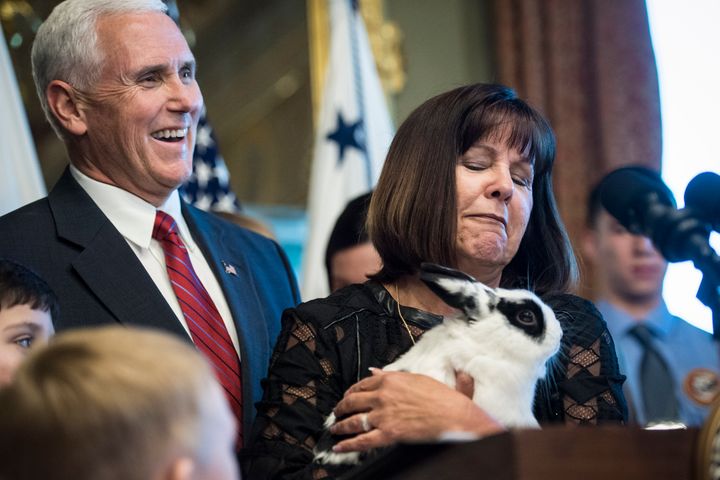 Then-Vice President Mike Pence and his wife, Karen Pence, with Marlon Bundo in 2017.