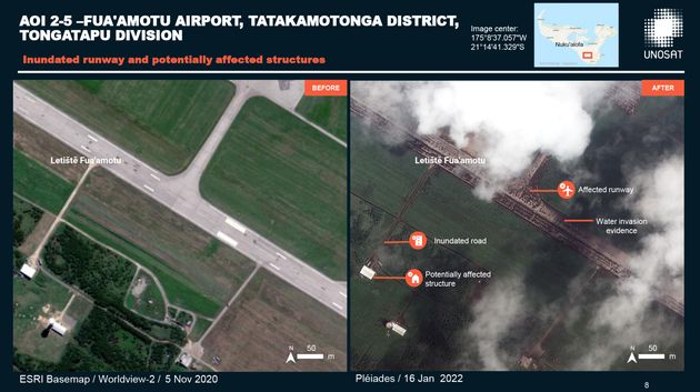 火山から約65キロほど南に位置する首都ヌクアロファの空港の滑走路の比較写真