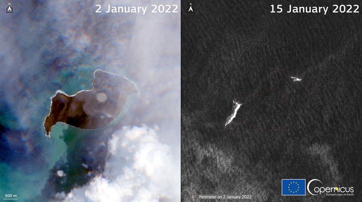 Imagen satelital de la isla del volcán Hunga Tonga antes y después del 15 de enero.