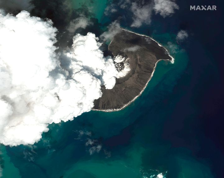 An overview image of the Hunga Tonga Hunga Ha’apai volcano in Tonga on Dec. 24, 2021.