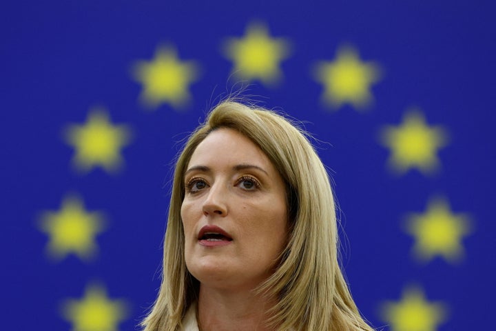 Roberta Metsola, a su llegada esta mañana al Parlamento Europeo, en Estrasburgo.