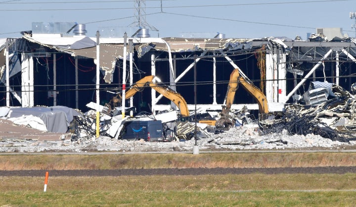 Recovery operations continue after the partial collapse of an Amazon Fulfillment Center in Edwardsville, Illinois, on Dec. 12, 2021.