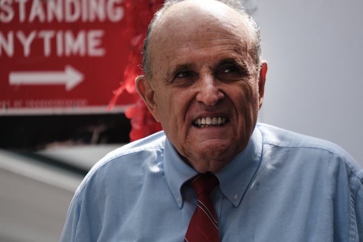 NEW YORK, NEW YORK - JUNE 21: Former New York City Mayor Rudy Giuliani makes an appearance in support of fellow Republican Curtis Sliwa who is running for NYC mayor on June 21, 2021 in New York City. The Guardian Angels founder has said he will rollback bail reforms, support police and keep Rikers Island open rather than following the current plans to close it. Sliwa is running against Fernando Mateo, president of the New York State Federation of Taxi Drivers with the winner facing off against the winner of the Democratic primary. (Photo by Spencer Platt/Getty Images)