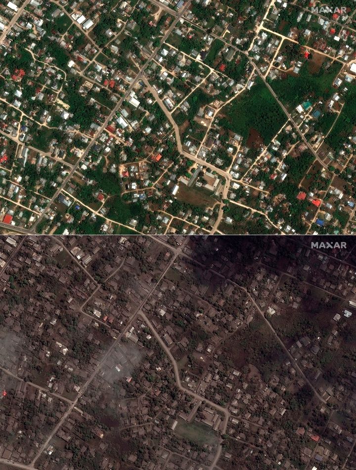 This combination of the satellite images provided by Maxar Technologies shows homes and buildings in Tonga on Dec. 29, 2021, above, and on Jan. 18, 2022, below. 