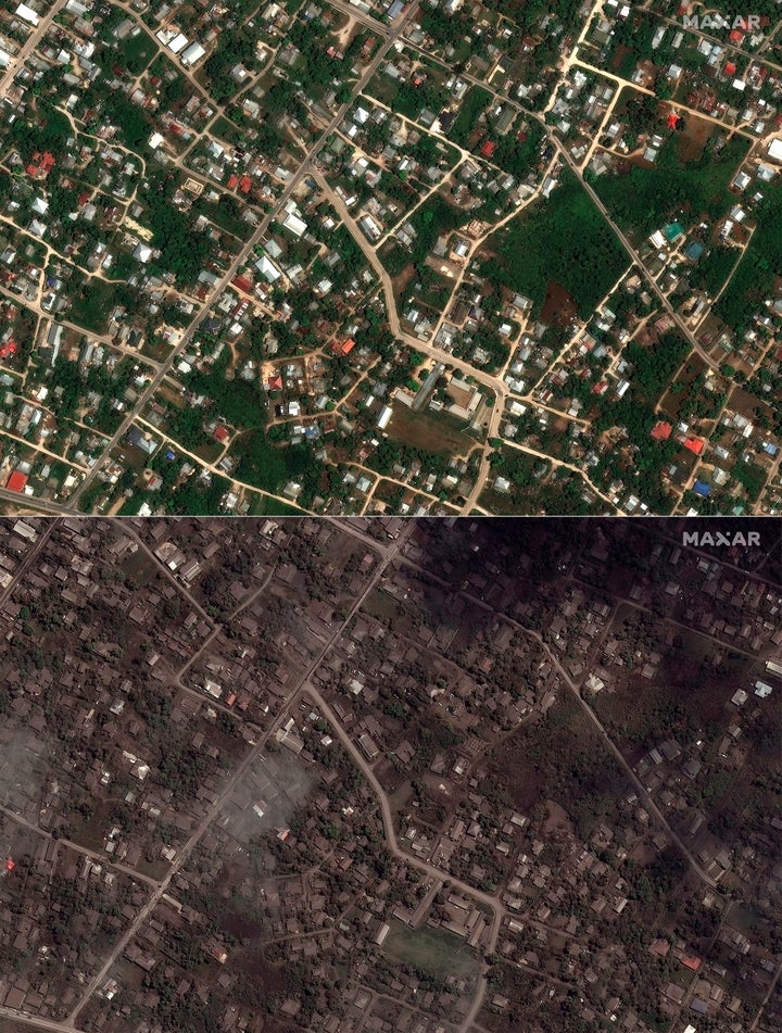 This combination of the satellite images provided by Maxar Technologies shows homes and buildings in Tonga on Dec. 29, 2021, above, and on Jan. 18, 2022, below.