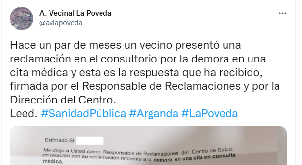 La carta publicada por la cuenta A.Vecinal La Poveda.