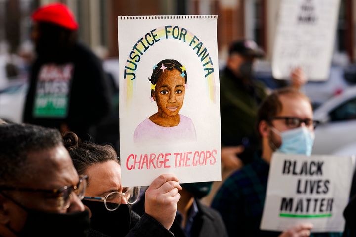 Protesters demonstrate calling for police accountability in the death of 8-year-old Fanta Bility who was shot outside a football game, at the Delaware County Courthouse in Media, Pa., on Jan. 13, 2022. 